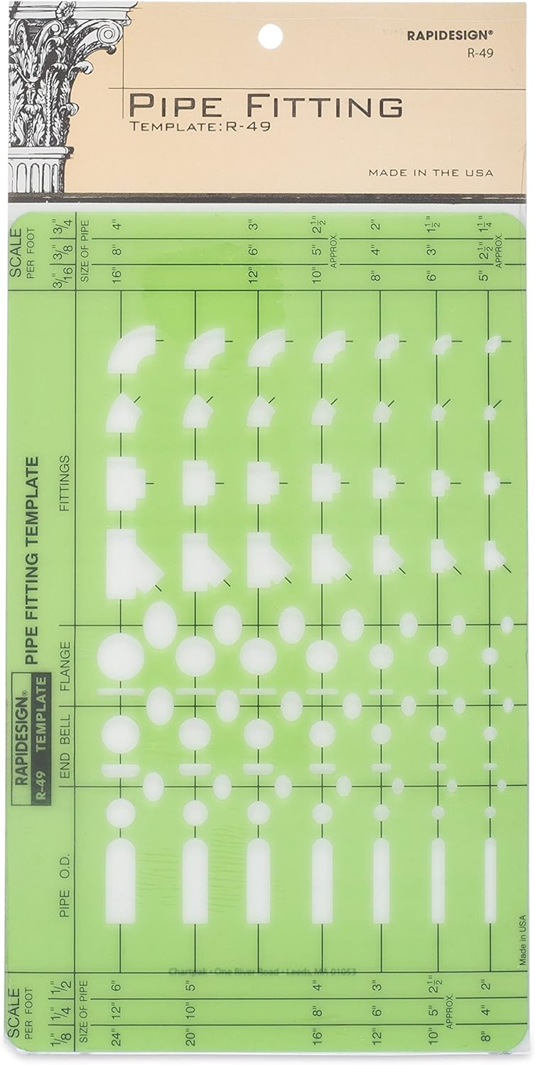 Rapidesign R49 Pipe Fittings Template - Translucent Green Drafting Tool for Pipe O.D., End Bell, Flange and Fittings